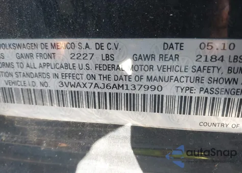 2010 Volkswagen Jetta Limited Edition z USA, uszkodzony, nr VIN 3VWAX7AJ6AM137990